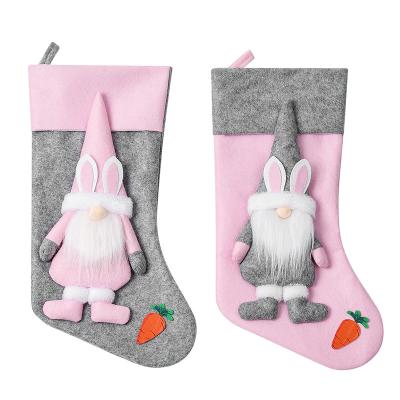 China Handmade Figurine Santa Christmas Stockings Gnome Rabbit Gray Bunny Fabric Easter Gift Bag 2022 Spring Easter Decoration Pink for sale