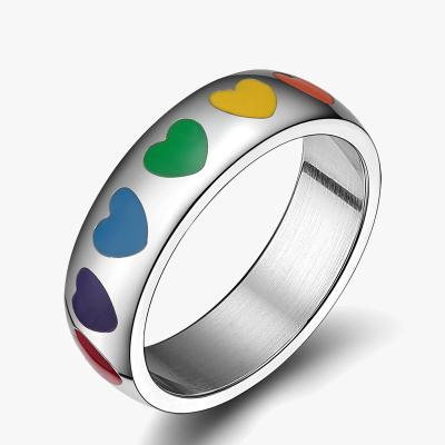 China Rainbow Heart Shaped Rubber Ring Love Stainless Steel Rainbow Ring Lgbt Jewelry drop glue TRENDY for sale