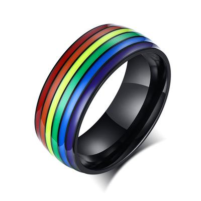 China Gay Titanium Stainless Steel Flag Rainbow Style Fashion Steel Ring 8Mm Wide TRENDY Jewelry for sale