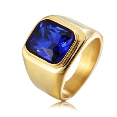 China Gold Plated Stainless Steel Ring Mens Fashion Stainless Steel Ring With Square Blue Stone for sale