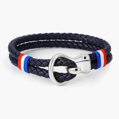 China Casual/Sporty Hot Sale In France Flag Leather Bracelet Men With Stainless Steel Charm Set for sale