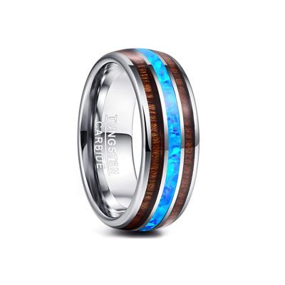 China FASHIONABLE Wood and Blue Hemispherical Wedding Ring Comfort Fit Hawaii Koa Opal Inlaid Tungsten Carbide Ring for sale