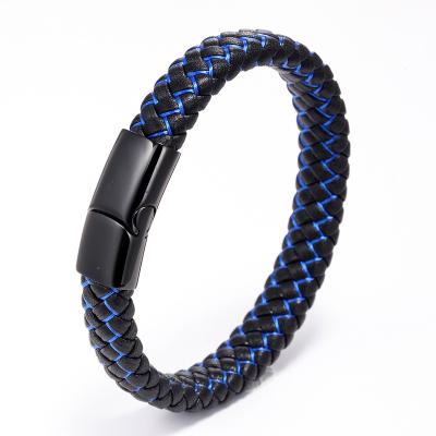 China Quality Guarantee Men Fashion Stainless Steel Leather Bracelet High Quality Black Blue Magnetic Buckle Cuff Bangle Jewelry Gift for sale