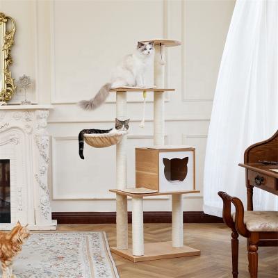 China Stocked Canada Warehouse Modern Wooden Cat Tree Cat Tower With Sisal Lining Luxury Pole Housing for sale