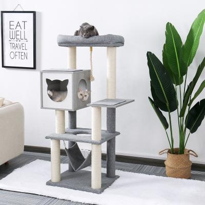 China Deluxe Stocked Cat Tree Modern Large Cat Scratching Tree Tower with Roomy Top Hammock Perch for sale