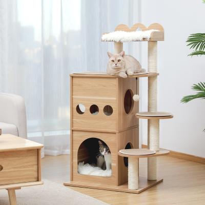 China Cat Tree Wooden Cat Tower Multilevel Stocked With Dangling Balls Dangling Housings Luxury Spacious Perch for sale