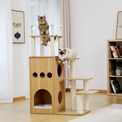 China Deluxe Multilevel Stocked Cat Scratching Tree With Deluxe Sky Castle Wooden Cat Tower Housings for sale