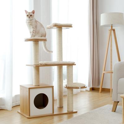 China Hot Sale Stocked Cat Tree Modern Wooden Cat Tower With Spacious Housing Lining Pole for sale