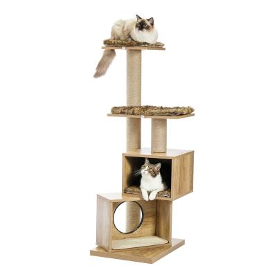 China Modern Wooden Stocked Cat Tree Cat Tower Cat Scratcher With Double Slots for sale