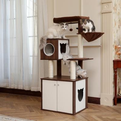 China US Stocked Free Shipping Luxury Cat Tree Wood Cat Tower Sisal Liner Mail With Cat Washroom Litter Box House for sale