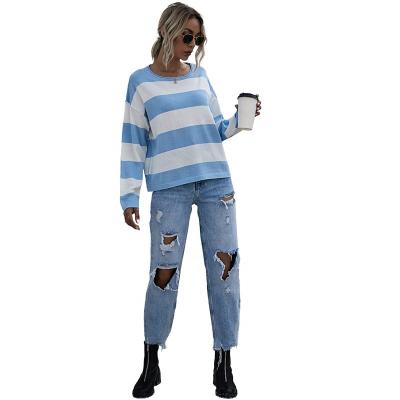 China Anti-wrinkle 2021 New Customize Loose Stripe O-neck Fall Sweater Casual Pullover For Ladies for sale