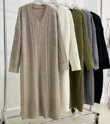 China Winter 2021 Anti-wrinkle Sweater Loose Dress Women's V-Neck Twist Knitted Long Sleeve Clothing for sale