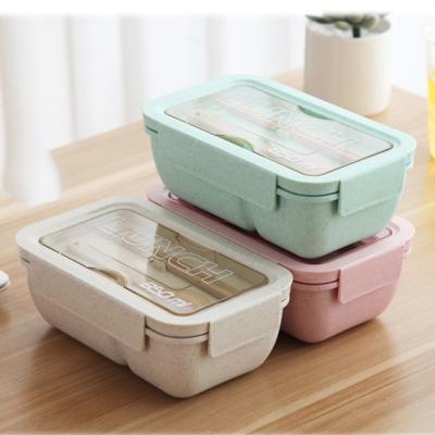 China Eco Friendly Reusable Portable Straw Insulated Lunch Bento Box Heatable Rectangle Kids School Lunch Box Wheat Food Container For Kid for sale