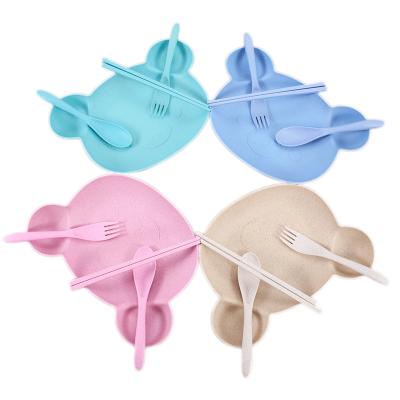 China Best Viable Selling New Cartoon 4pcs Bear Child Safe Plastic Wheat Straw Fiber Dinner Dish Eco Friendly Dinner Feeding Microwave Set For Child for sale