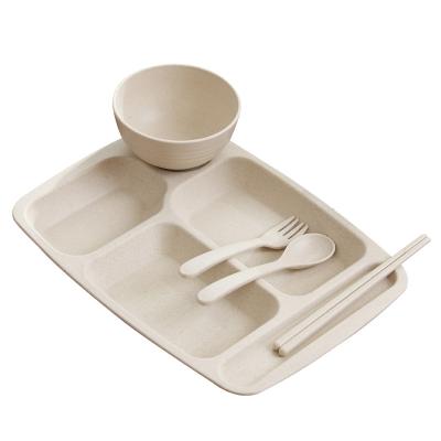 China Cheapest Viable Bulk Viable High Quality Beige Square Shape Amazon Wholesale Plastic Dinner Dish Set Reusable Wheat Straw Tableware For Kid for sale