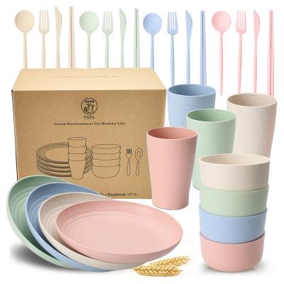 China Nordic Viable 32Pcs Tableware Set Logo Unbreakable Natural Wheat Straw Plastic Custom Hotel Dish Dinner Bowl Cup Serving Tableware for sale