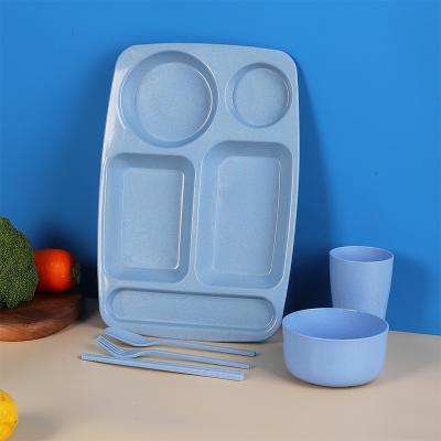 China Wholesale Sustainable Nordic Blue Kids Food Grade Home Eco Friendly Wheat Straw Bowl Cup Dinner Plate Set Reusable Plastic Tableware for sale