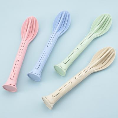 China Wheat Viable Custom Portable Detachable Biodegradable Straw Travel Picnic Flatware Travel Picnic Knife Fork Spoon Cutlery Set for sale