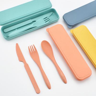 China Viable Ready To Ship Straw Children Knife Spoon Fork Wheat Flatware Eco Friendly Travel Portable Plastic Cutlery Box Set For Outdoor for sale