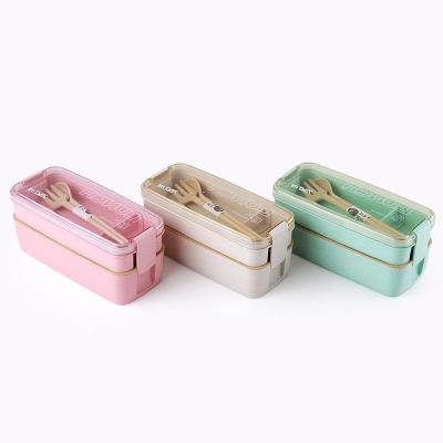 China Factory School 2 Layers Bpa Free Biodegradable Natural Fiber Portable Thermal Plastic Bento Lunch Box Nordic Wholesale Wheat Microwavable for sale