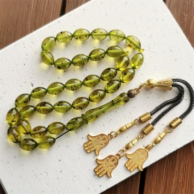 China Online Shopping Resin Amber Size 8*12mm Religious Olive Green Oval Sibha 33 Beads Tasbih Sale Cheap Tasbih Muslim Prayer Beads for sale