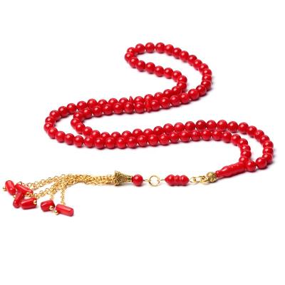 China Coral Stone Rosary Sibha Round Natural Red Wholesale Religious 5.5mm 99 Beads Islamic Prayer Beads Tespih Muslim Tasbih Silver for sale