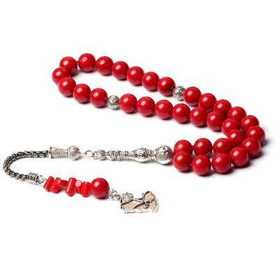 China Religious Silver Tassel Islamic Misbaha Subah Coral Stone Natural Red Color 8mm 10mm 33 Beads Rosary Tespih Muslim Prayer Beads Tasbih for sale