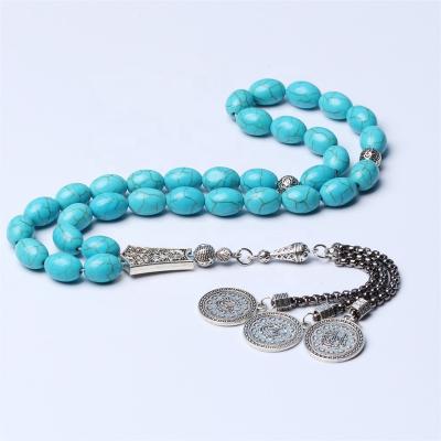 China Silver Rosary Misbaha Tesbih Muslim Prayer Beads Tasbih 33 Allah Tassel Jewelry Oval 10*13mm Turquoise Religious Synthetic Stone for sale