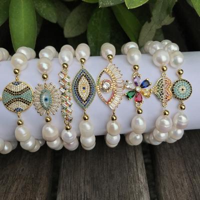 China TRENDY Custom Size Pearl Match CZ Rainbow Zircon Freshwater Gold Plated Charms Natual Pearl Elastic Bracelets for sale