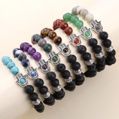 China Hot Selling Vintage Jewelry 8mm Volcanic Rock Beads Energy Healing Chakra Palm Bracelet Natural Stone Bracelet For Women Men for sale