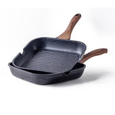 China Sustainable Wooden Handle Design Steak Frying Pan Home Food Non-Stick Wok Pan Multifunctional Family Fried Egg Striped Breakfast Pan for sale