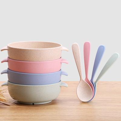 China Biodegradable Straw Stocked Children Wheat Bowl Spoon Environmental Protection Rice Dessert Bowl Tableware Set for sale