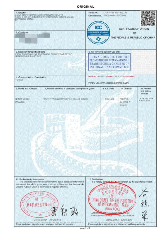 CERTIFICATE OF ORIGIN OF THE PEOPLE'S REPUBLIC OF CHINA - Jining Qinfeng Machinery Hardwae Co., Ltd.