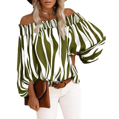 China Wholesale Autumn Latest Stripe Print Anti Shrink Blouse Women Plus Size Shirt Off The Shoulder Ladies Tops for sale