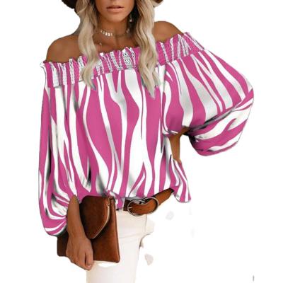 China Latest Hot Sale Anti Shrink Autumn Blouse Stripe Print Off The Shoulder Plus Size Women Shirt Ladies Tops for sale