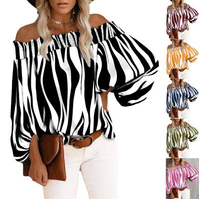 China New Arrival Anti-Shrink Autumn Stripe Print Off Shoulder Plus Size Women Shirt Ladies Tops Blouse The Latest for sale