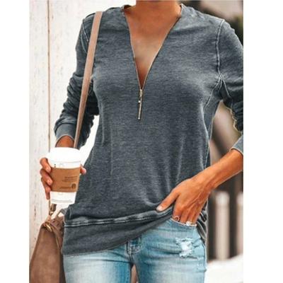 China Wholesale Casual Women Clothes Girls Tops Long Sleeve Zipper Half Sleeve Simple Casual Ladies Blouses for sale