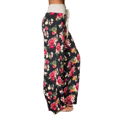 China Anti-Wrinkle 2021 Plus Autumn Floral Women Bohemia Long Wide Leg Pants Waist Women's Pants and Trousers Women's Trousers for sale