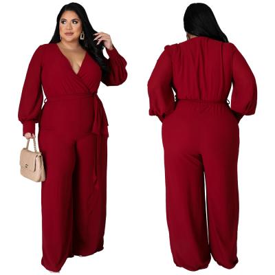 China Hot Selling Women Plus Size Casual Overalls 2021 Autumn Clothing Loose One-Piece Deep V-Neck Women's Pants for sale