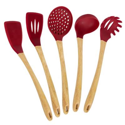 China Good Quality Sustainable Rubber Wooden Handle 5 Piece Silicone Cookware Sets Include Turner Skimmer for sale