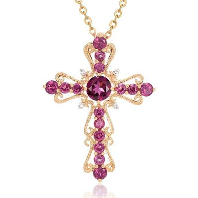 China Environmentally friendly Korean version of the women's clavicle chain inlaid with synthetic garnet cross gem color pendant necklace for sale