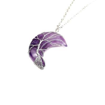 China New Amazon Environmentally Friendly Warm Handmade Tree of Wealth Wrapped Around Natural Stone Moon Amethyst Tree of Life Necklace for sale