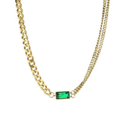 China 2021 New CZ Environmental Friendly Green Stone Chain Stainless Steel Cuban Necklace for sale