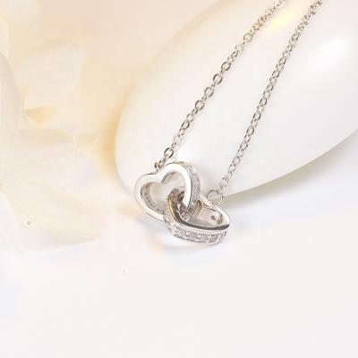 China Women's Environmentally Friendly Wholesale Pure Gift Cubic Zirconia S925 Sterling Silver Heart Necklace Fashion Two Hearts Jewelry Pendant Silver Necklaces for sale