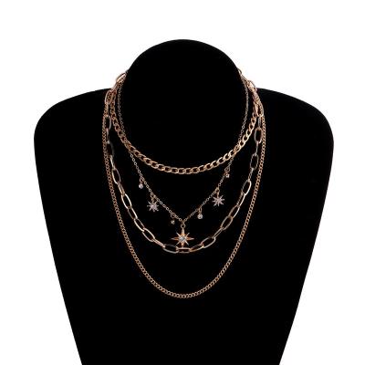 China Fashion Environmental Friendly Wholesale Women's Stars Gold Plated Alloy Rhinestone Chains Necklaces Multilayer Bling Jewelry for sale