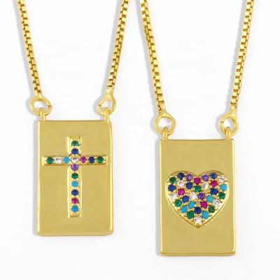 China Environmental friendly wholesale rectangle shape pendant 18K gold plated with colorful zircon heart necklace cross jewllery women for sale