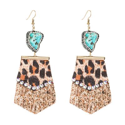 China Anti-allergy Amazon fashion leopard print leather long small cool diamond studded lady exaggerated earrings for sale