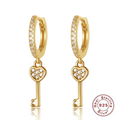 China Wholesale women's long keeping heart key 5A zircon real gold color plated pure 925 sterling silver huggie fashion heart earring jewelry for sale