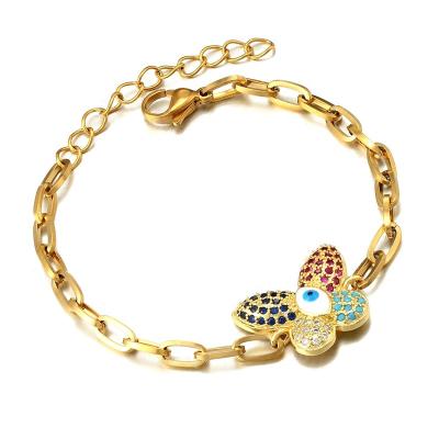 China Hot Selling Graceful Lady CZ Zircon Butterfly Bracelet Jewelry Colorful Gold Plated Stainless Steel Blue Eye Turkish Hamsa Bracelets for sale