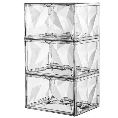 China Magnetic Side Viable Clear Plastic Stackable Diamond Shoe Storage Box Open for sale